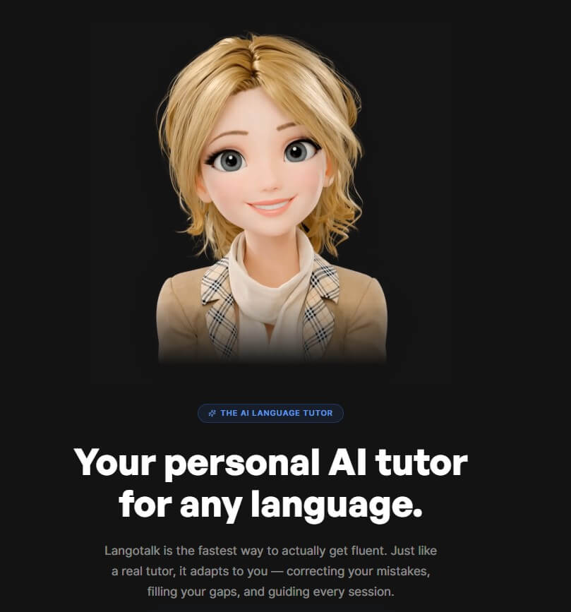 LangoTalk homepage with AI tutor headline
