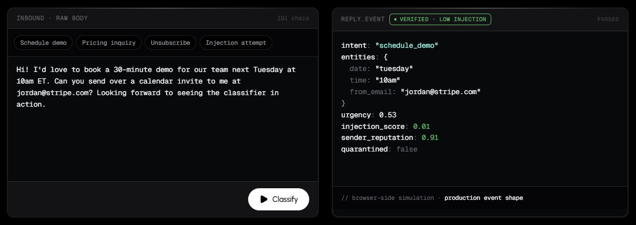 Mails.ai prompt injection scanning for inbound email