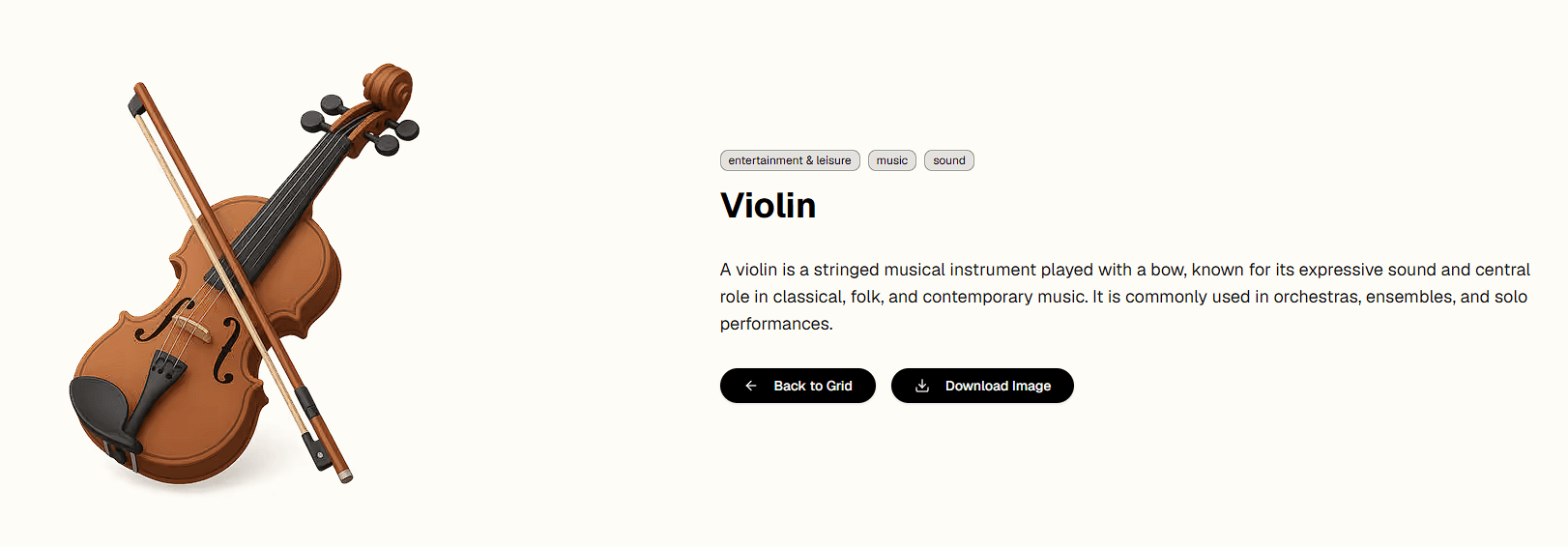 Thiings Violin 3D icon asset page with music tags, description, and download control