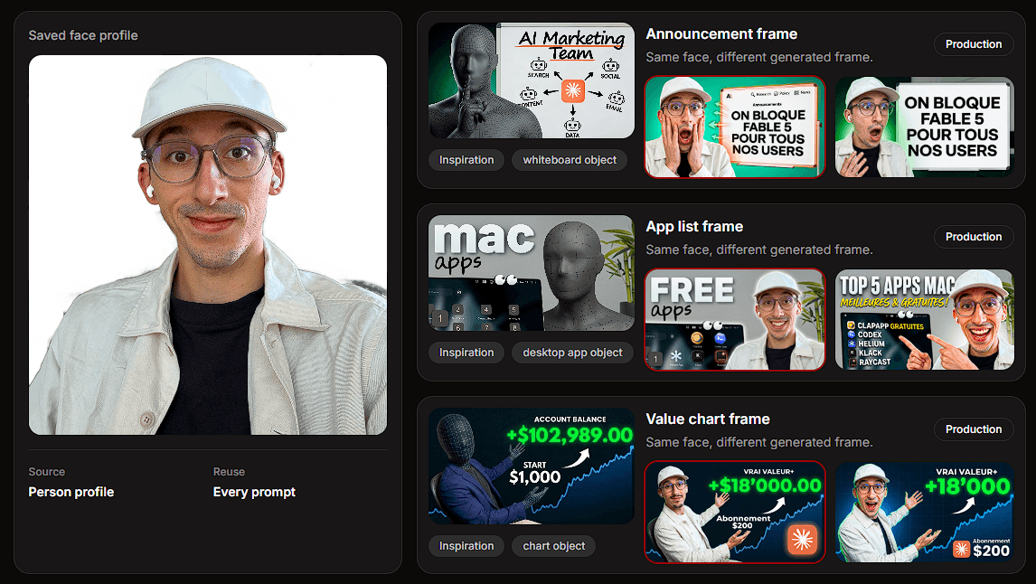 Thumbfa.st saved Person profile reused across multiple generated YouTube thumbnails