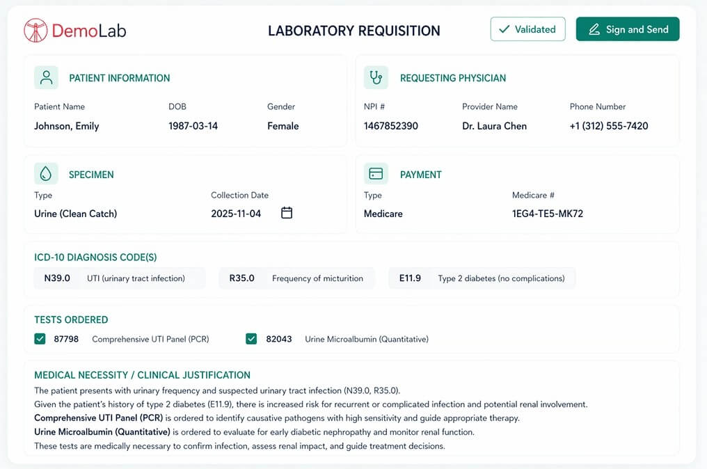 Docus digital laboratory requisition with validation and e-signature