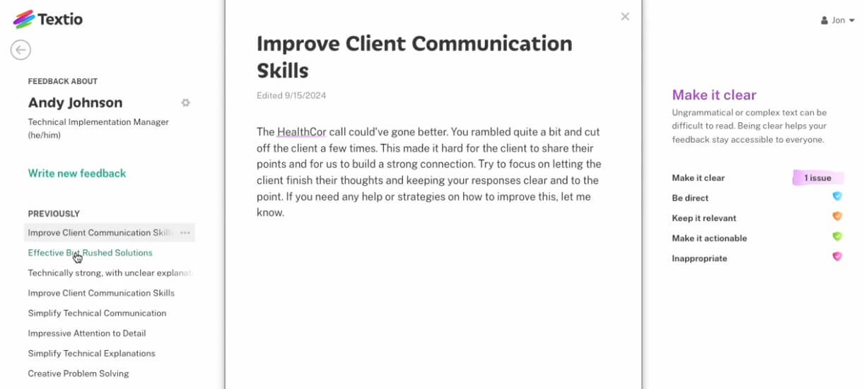Textio feedback editor with clarity guidance