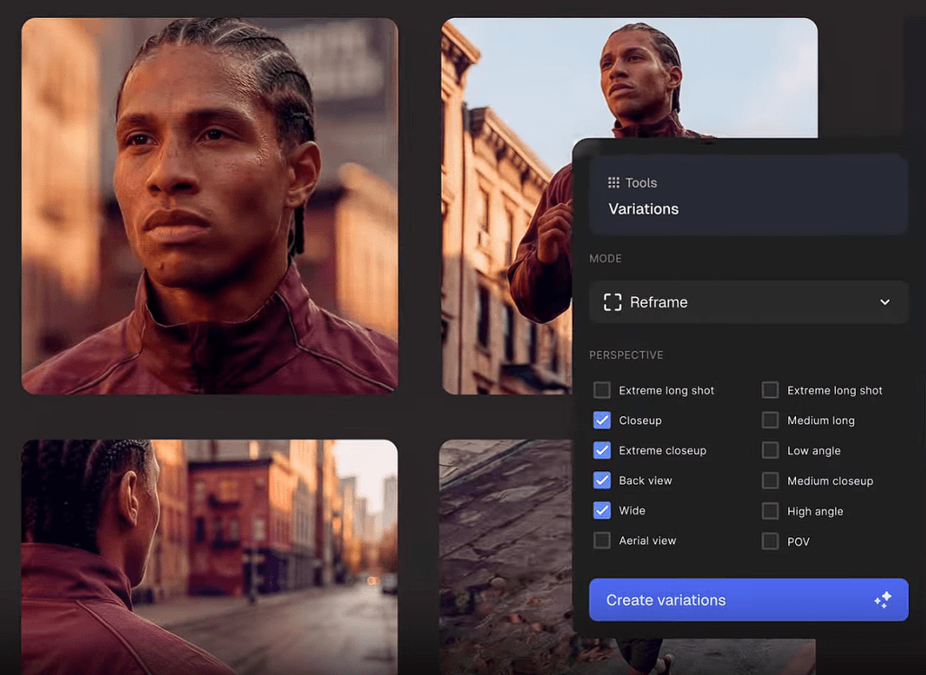 Magnific Variations tool creating different camera perspectives around the same person