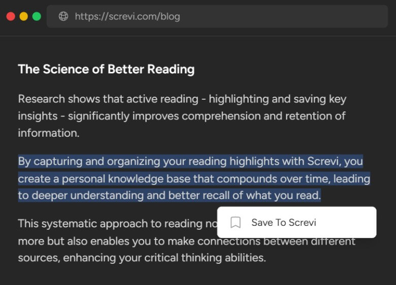 Screvi browser extension save to Screvi popover on highlighted web text