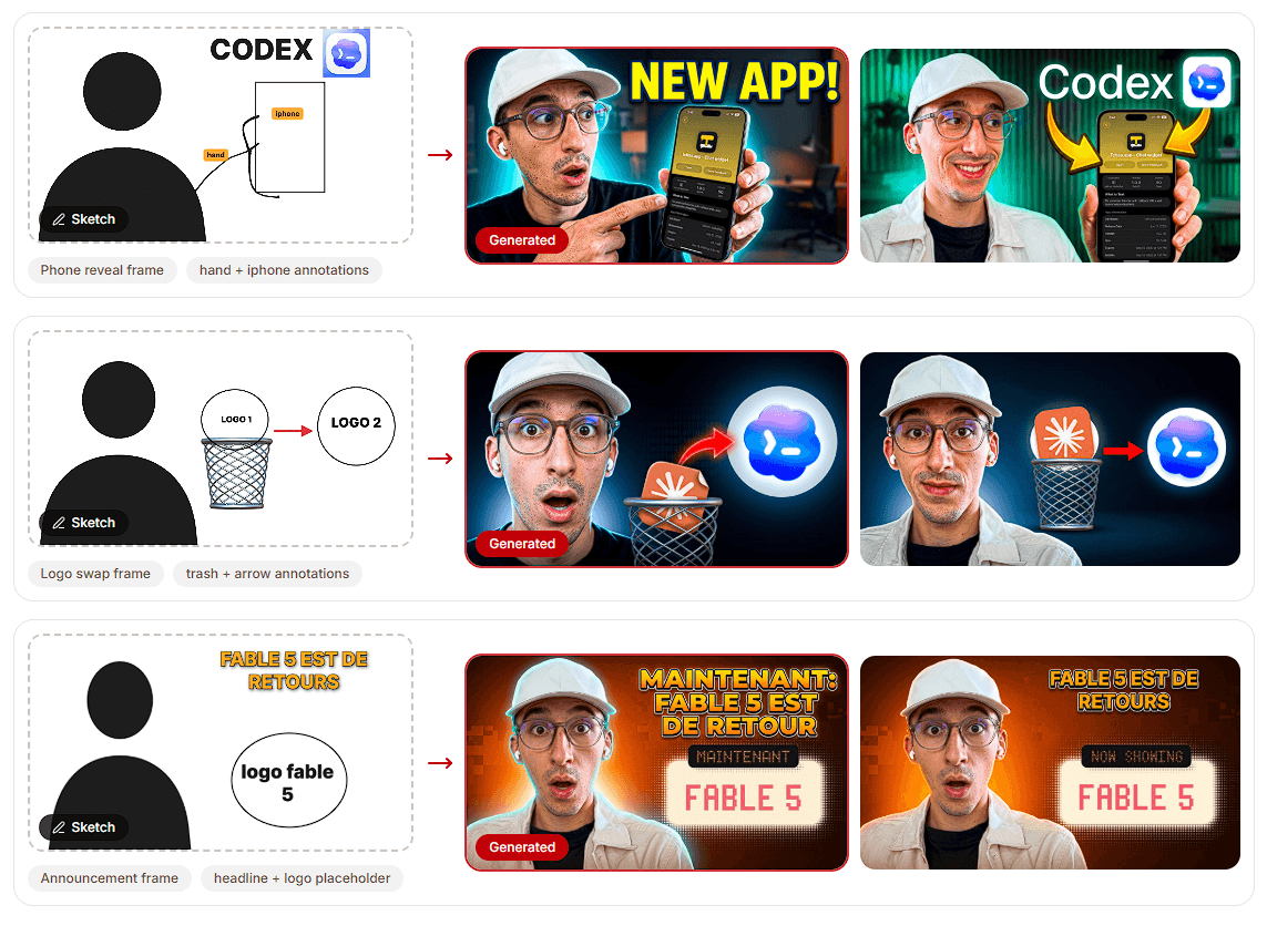 Thumbfa.st sketches with annotations transformed into finished YouTube thumbnail variations