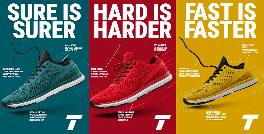 Three coordinated footwear campaign variations in teal, red, and yellow