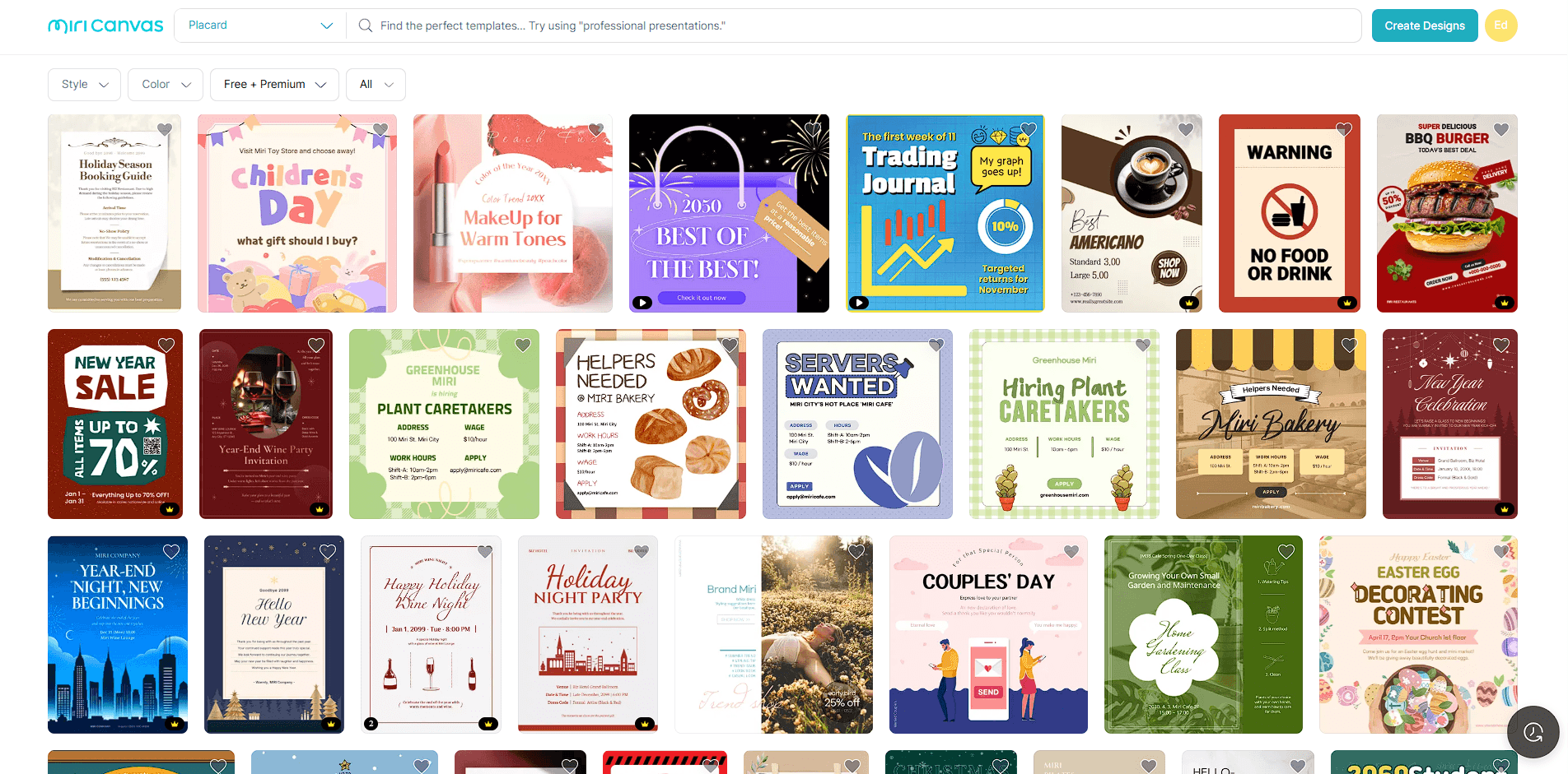 MiriCanvas placard template gallery with sales, notices, events, menus, and promotional designs