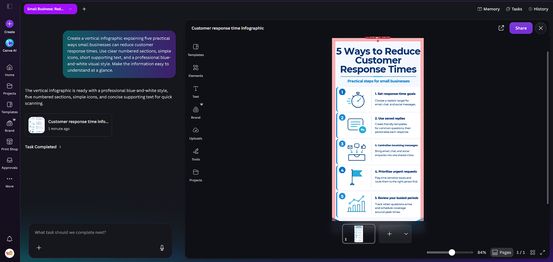 Canva AI conversational workspace creating an editable customer response time infographic