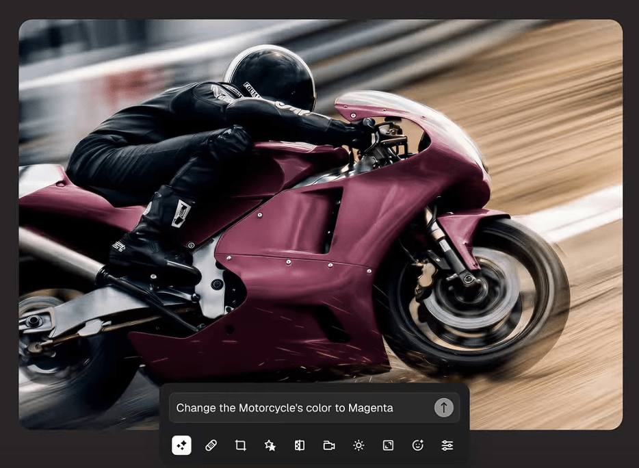 Magnific image editor changing the color of a motorcycle through a text instruction