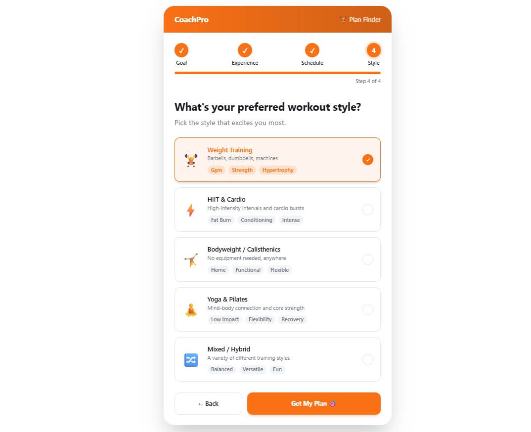 Embeddable.co fitness plan selector sample output D