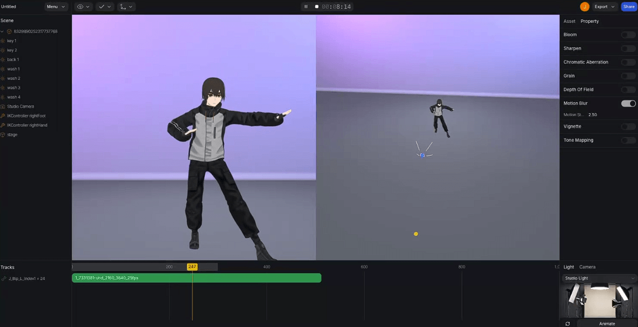 Plask Motion workspace showing video-based motion capture applied to a 3D character