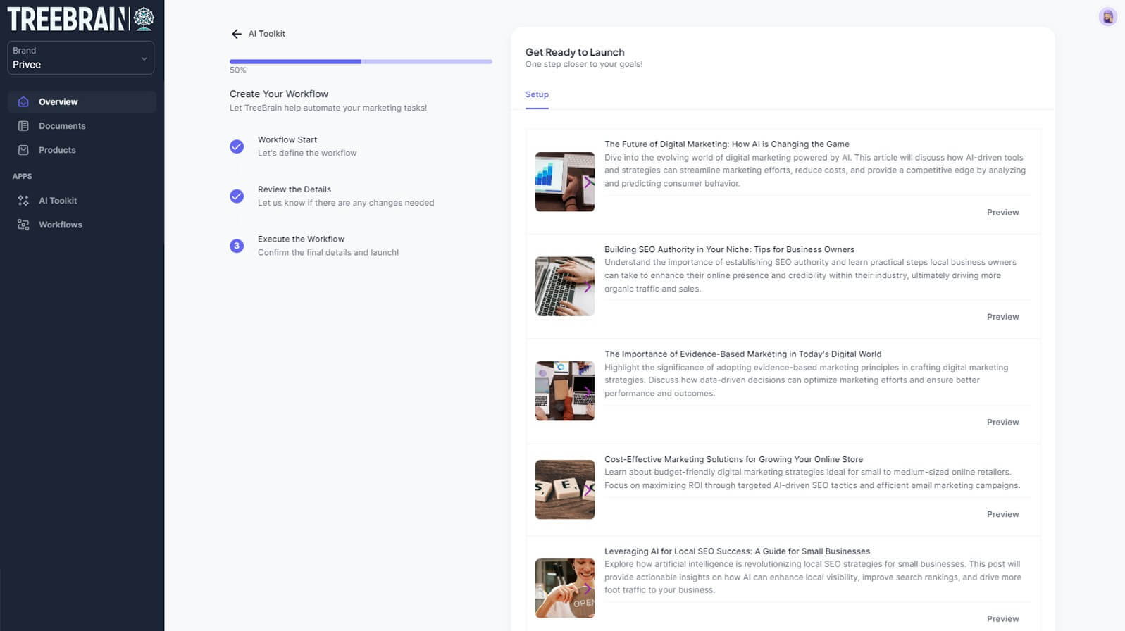 TreeBrain AI automated SEO content workflow