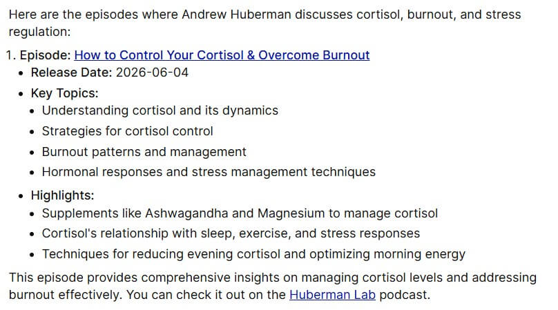 Huberman AI cortisol burnout and stress regulation source results
