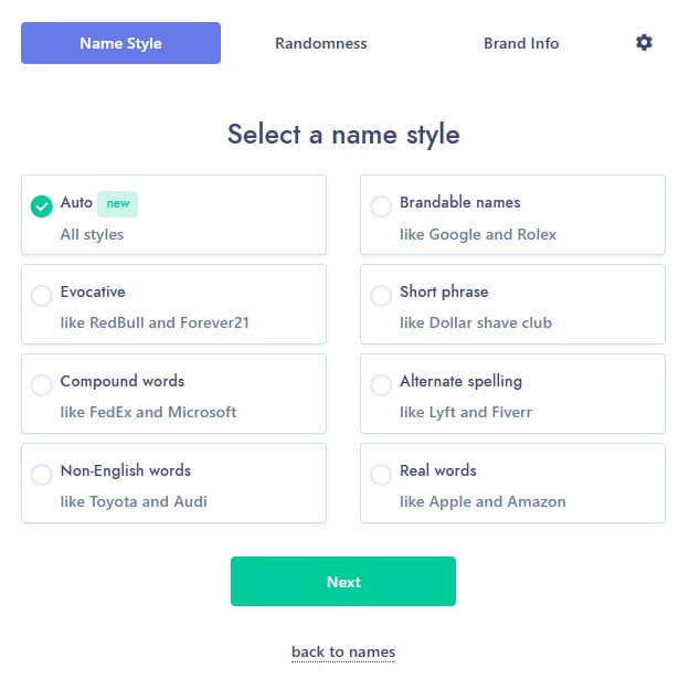 Namelix business name style options