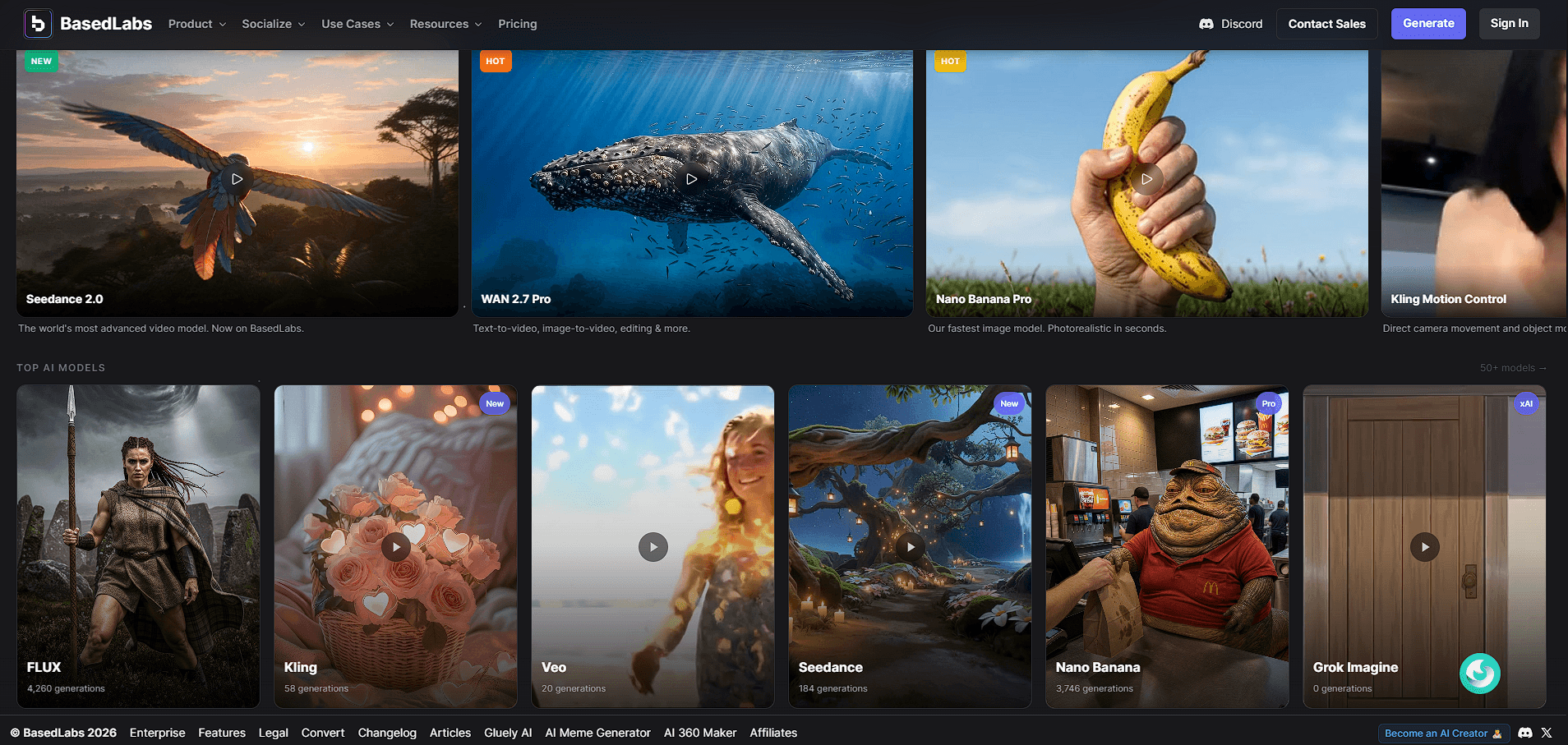 BasedLabs AI model browser showing image and video generation models