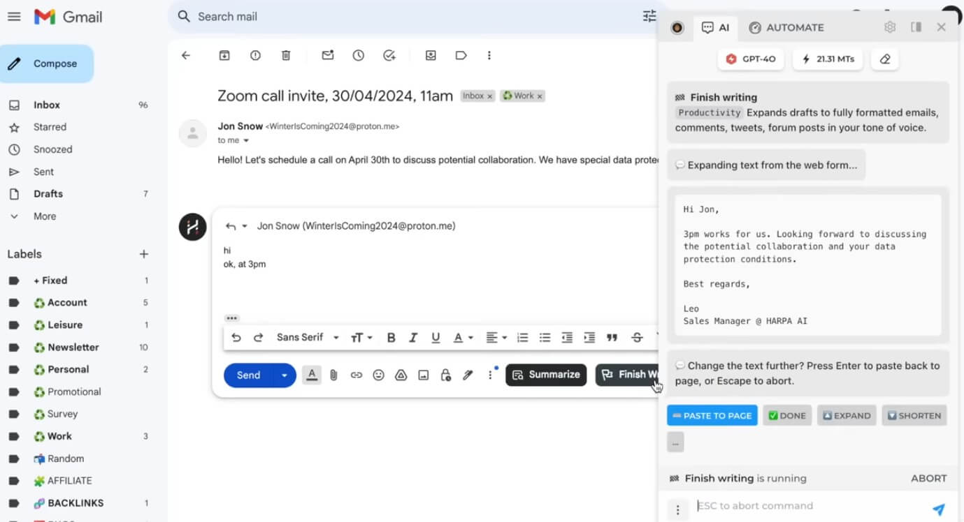 HARPA Write Emails
