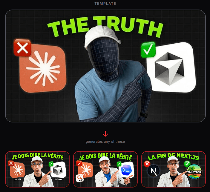 Thumbfa.st template workflow showing one source thumbnail generating several related variations