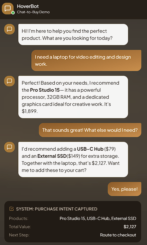 HoverBot chat-to-buy ecommerce conversation