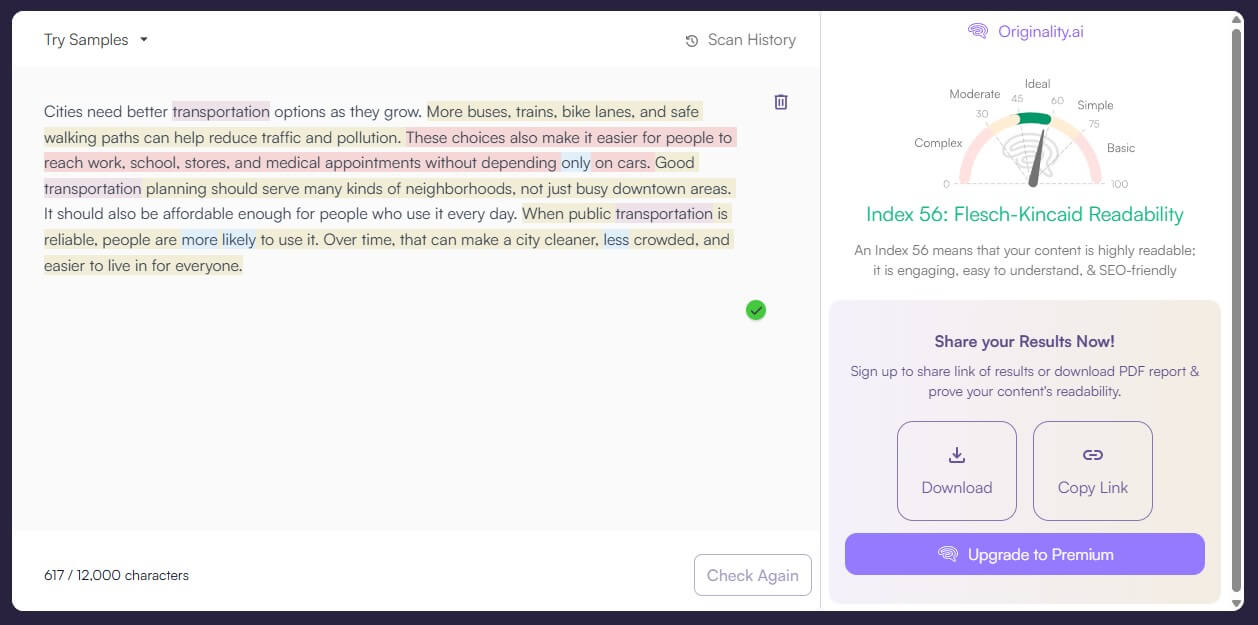 Originality.ai readability checker sample 2 result