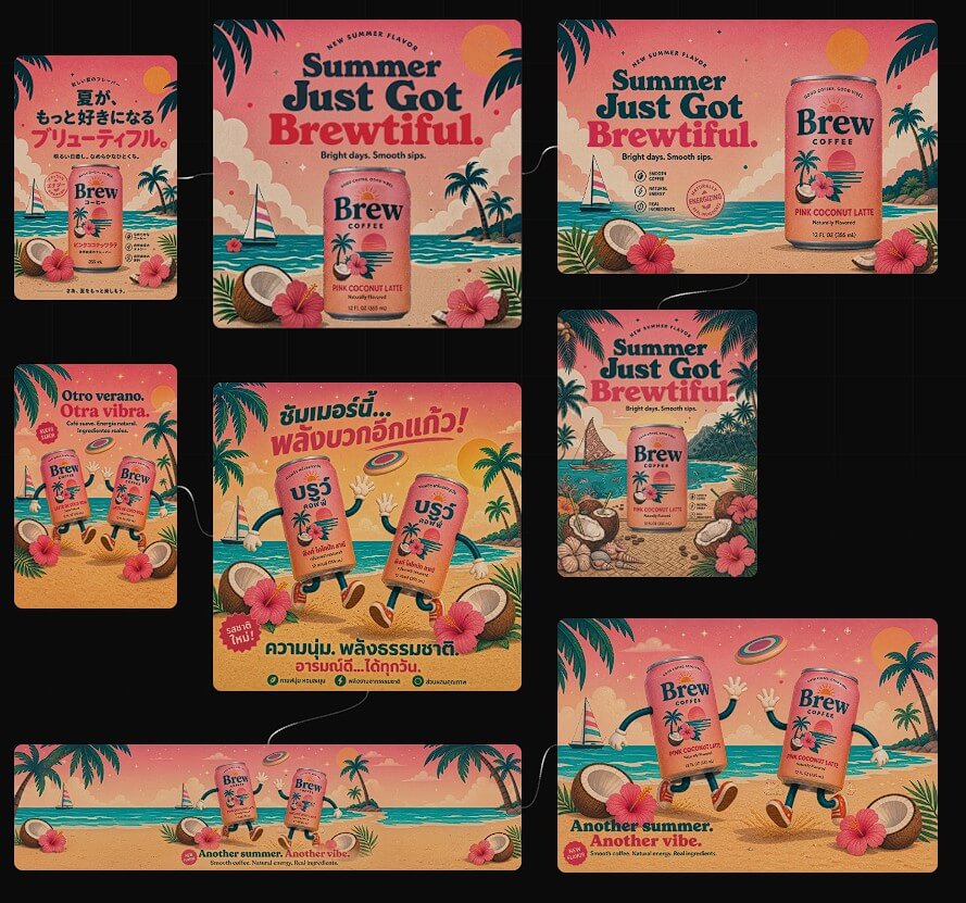 Multi-format beverage campaign with localized and coordinated design variations