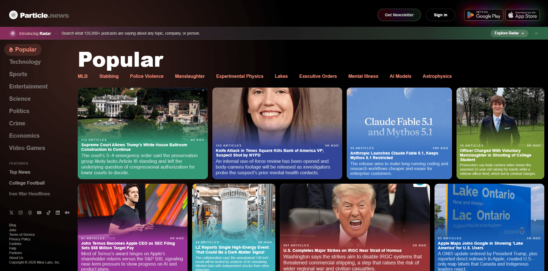 Particle Popular news view showing grouped story cards and the number of articles contributing to each story