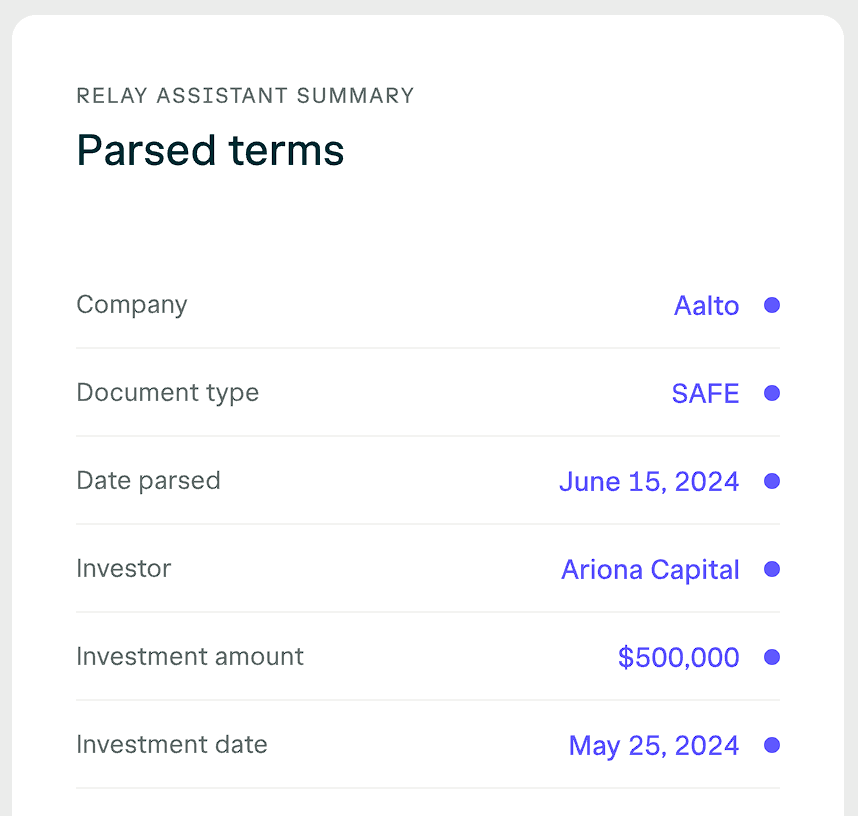 AngelList Relay assistant summary showing parsed SAFE investment terms