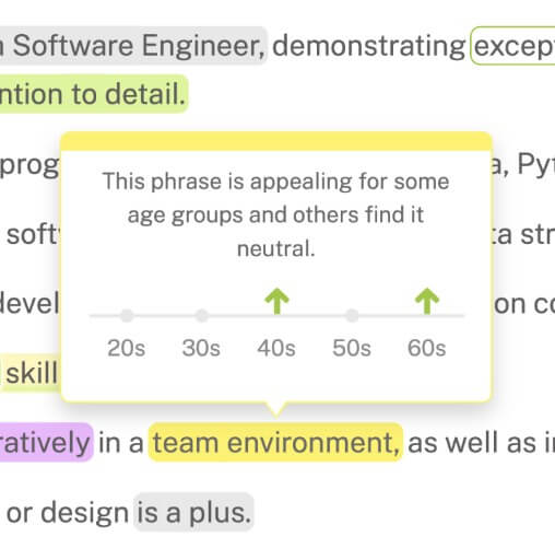 Textio age appeal tooltip inside highlighted recruiting content