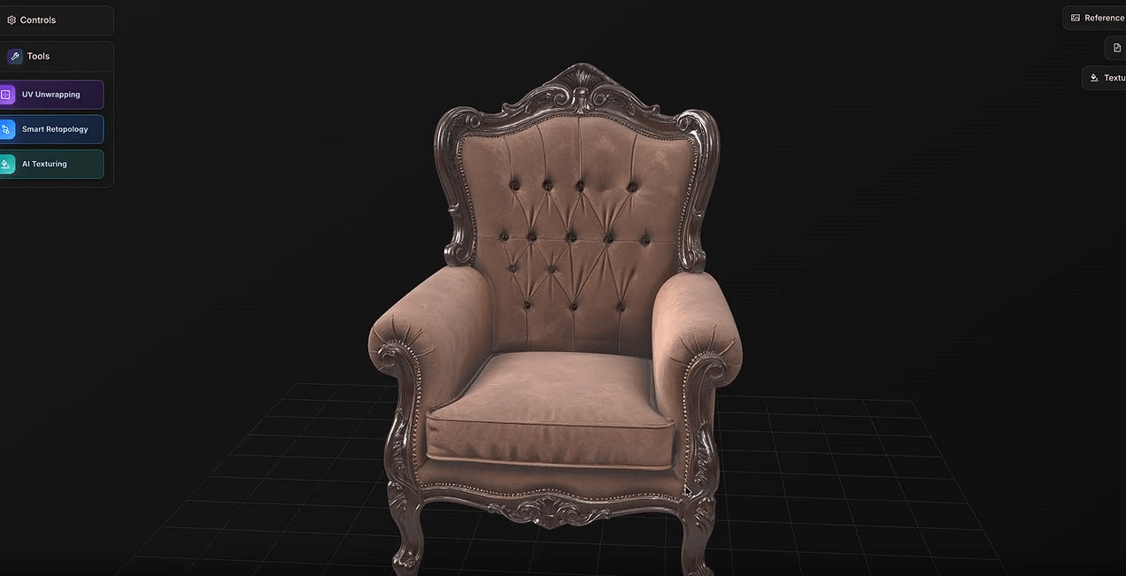 Alpha3D workspace displaying a detailed upholstered chair model alongside cleanup and texturing tools