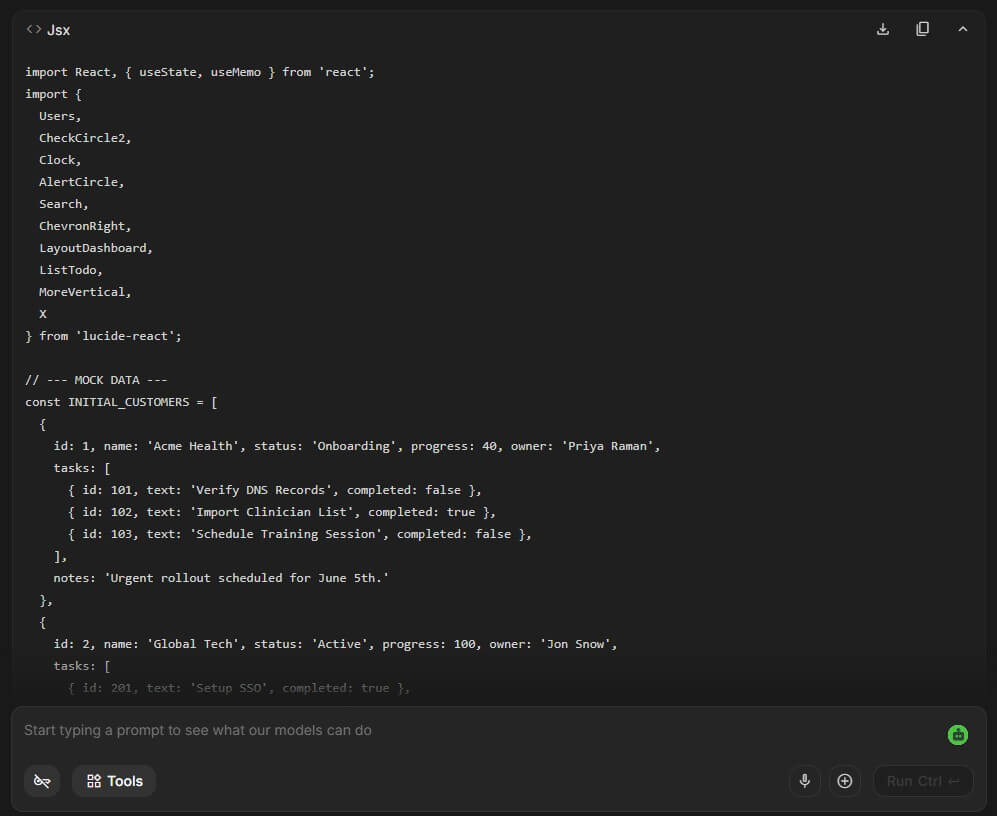 Google AI Studio prompt 4 Build Mode dashboard output