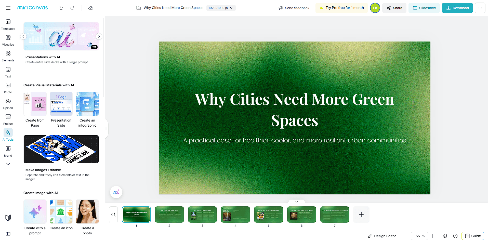 MiriCanvas editor showing a completed presentation with editable slides and design tools