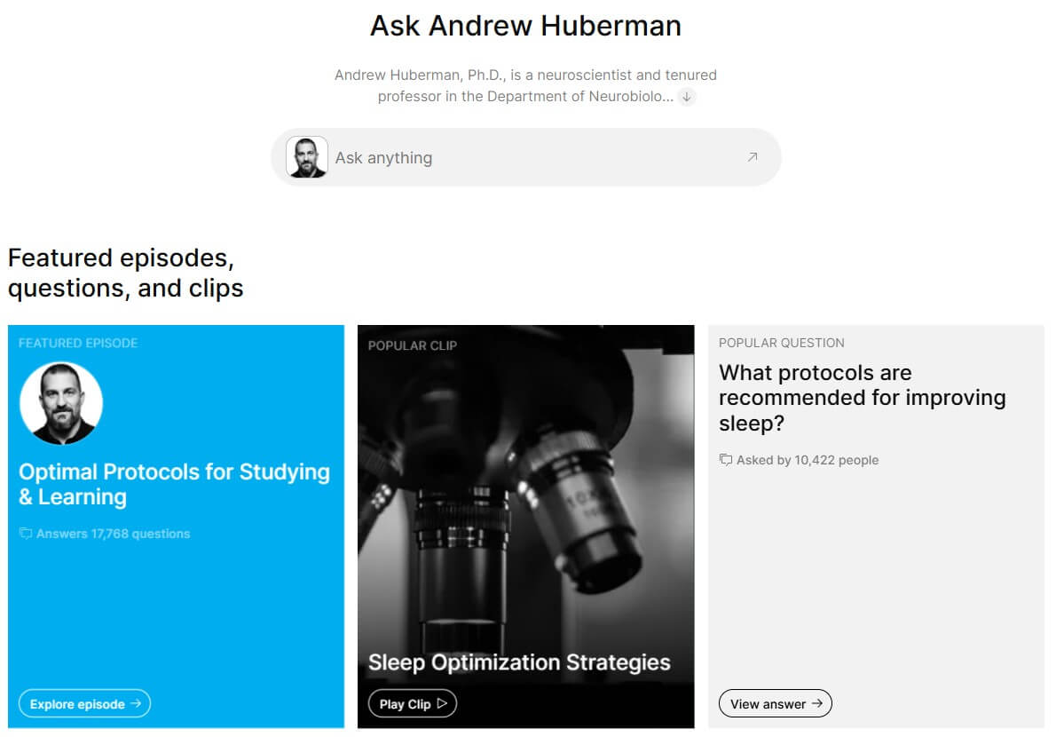 Huberman AI Dexa page with search prompt and featured clips