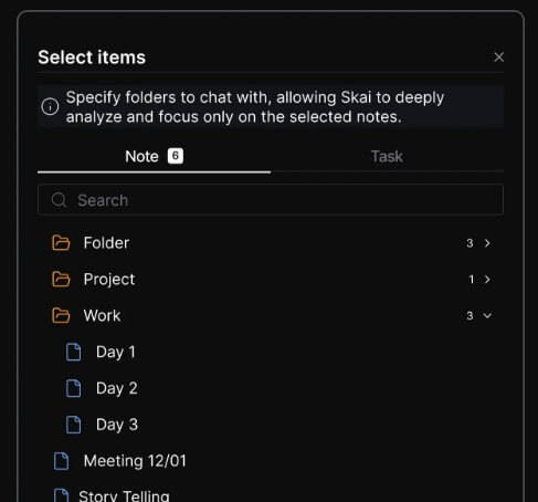 Saner AI ask insights from selected files