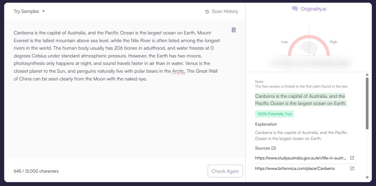 Originality.ai fact checker sample result