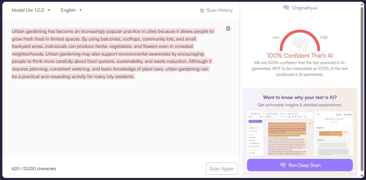 Originality.ai AI Checker sample 1 result