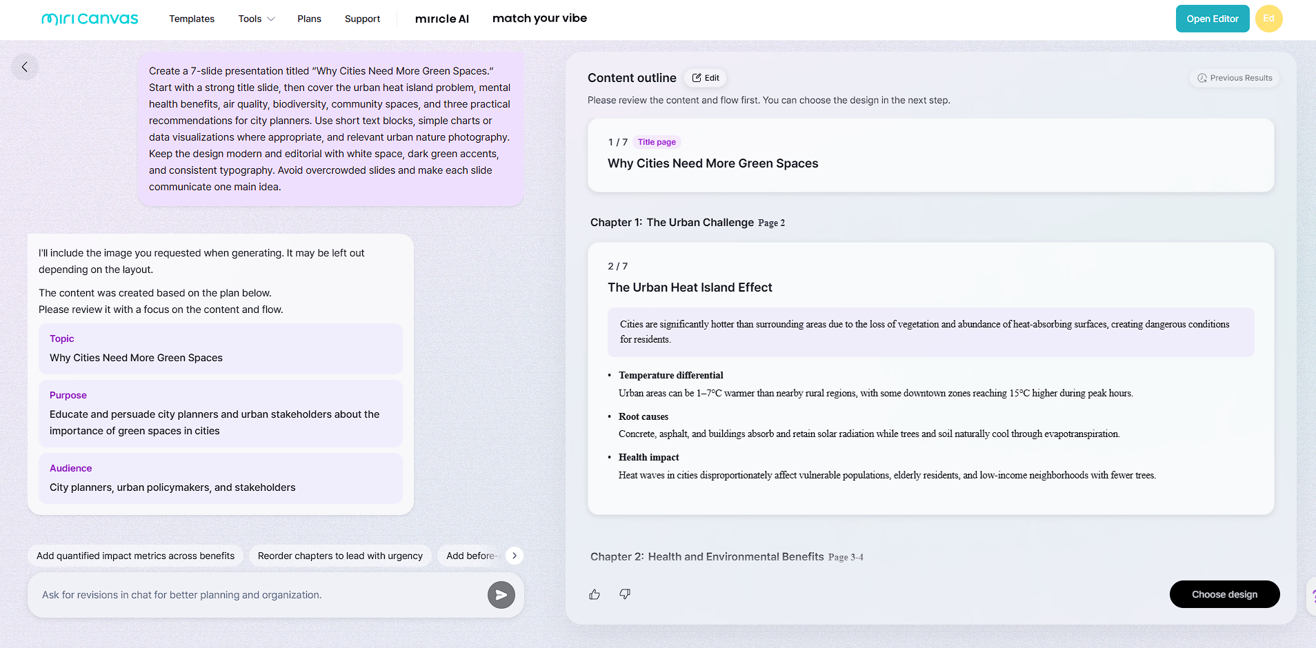 MiriCanvas AI Presentation workspace showing a seven-slide outline being refined through chat