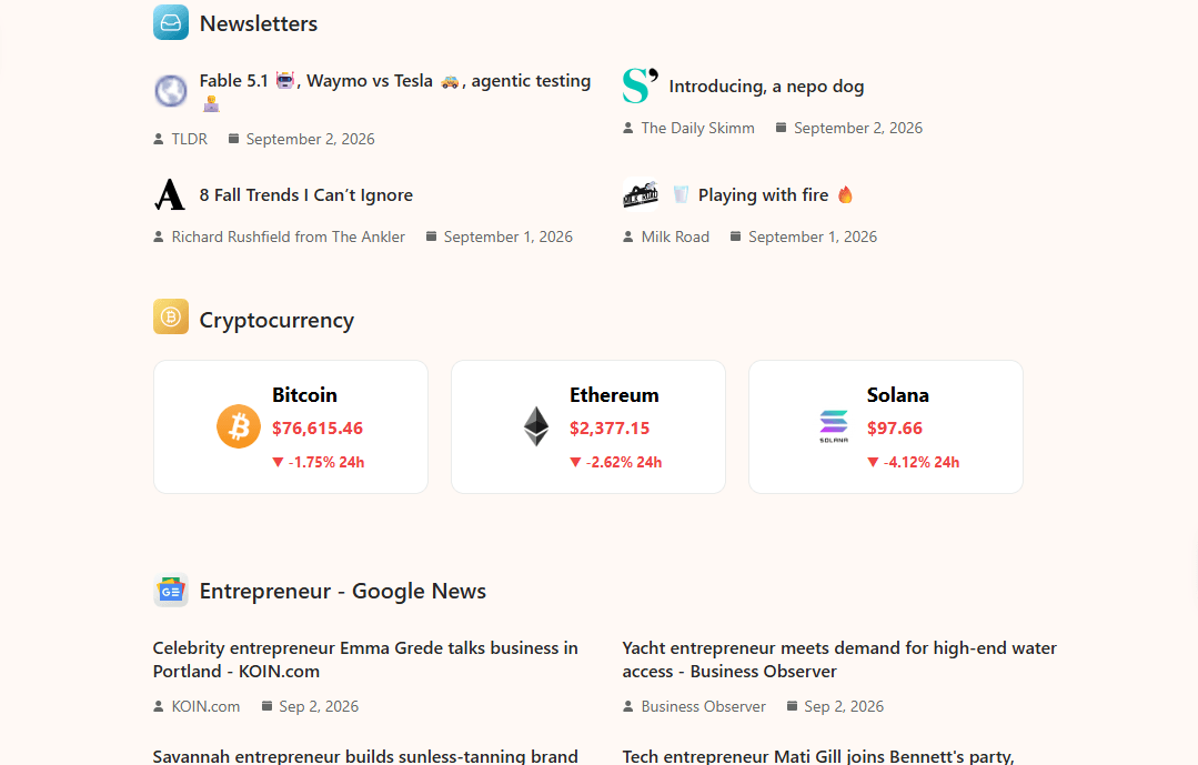Digest interface showing a personalized multi-source briefing