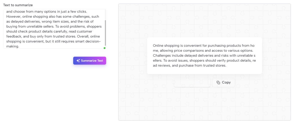 Miniflow.ai text summarizer result