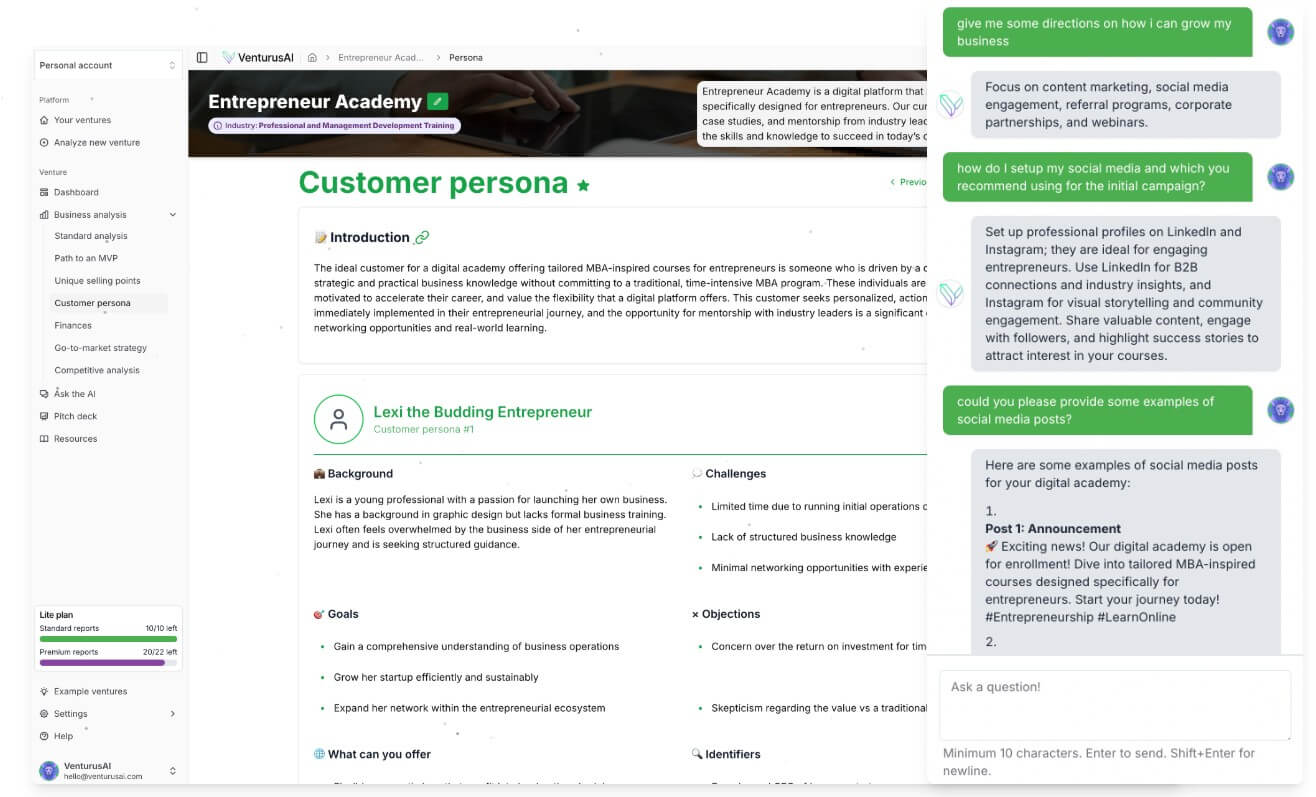 VenturusAI customer persona section