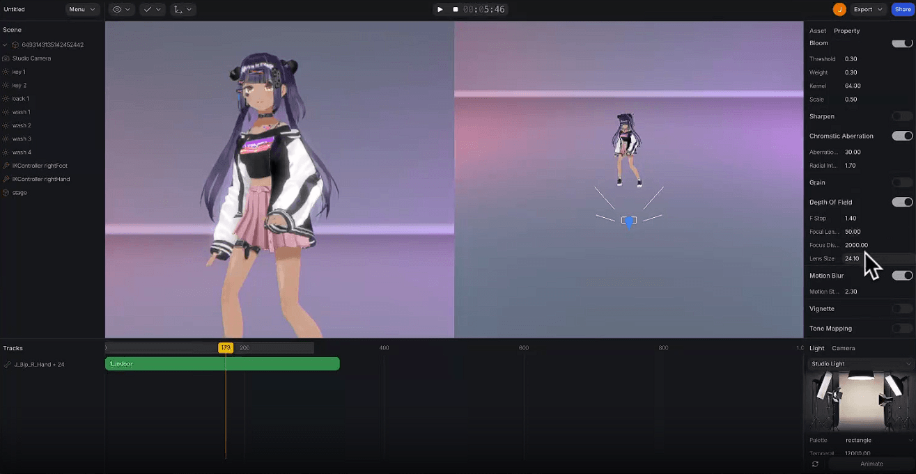 Plask post-processing workspace showing cinematic and rendering controls for a 3D animation