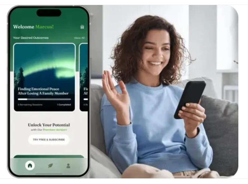Yuna mobile app welcome screen with emotional support journey card