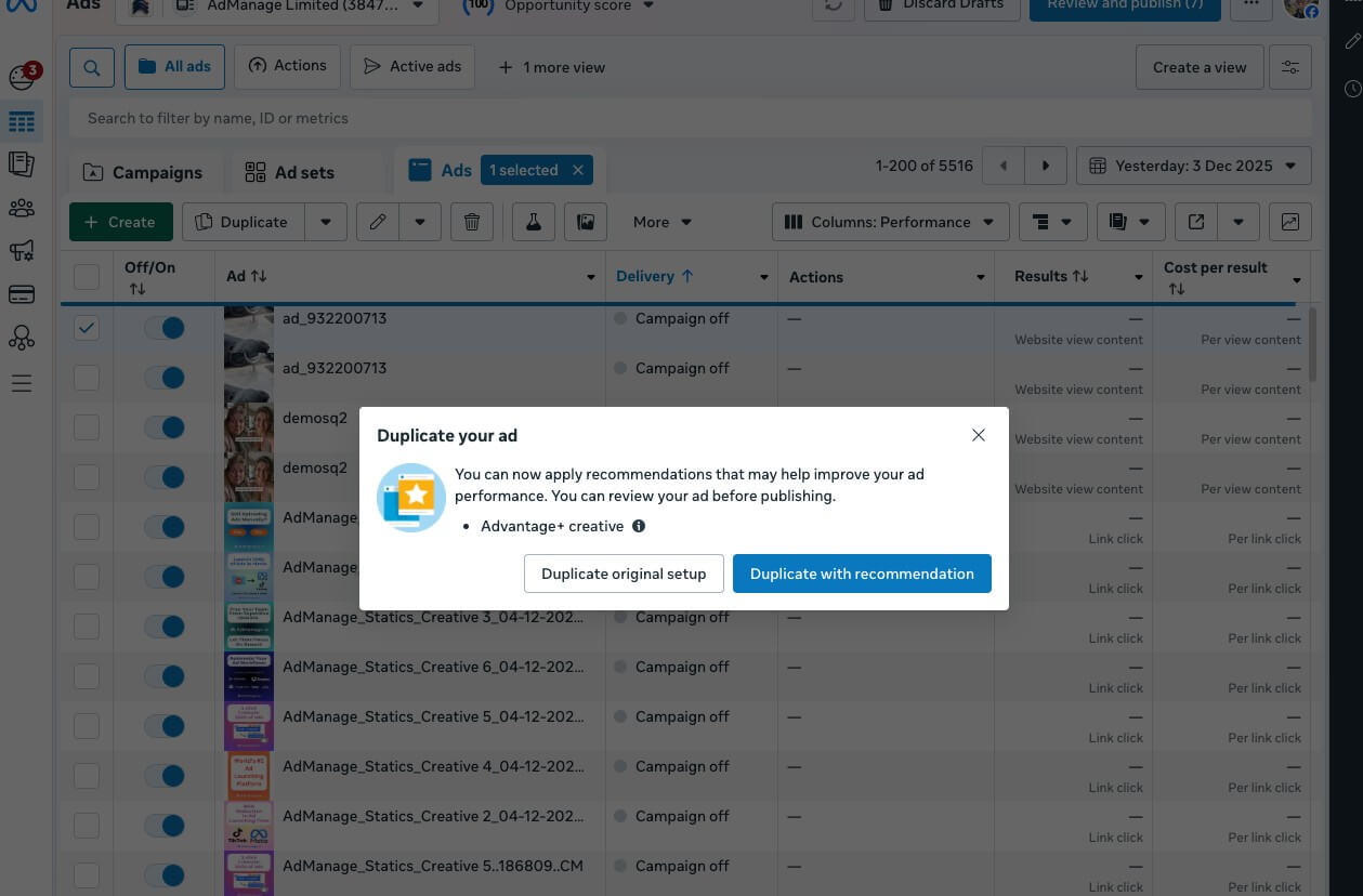 AdManage.ai duplicate ads workflow