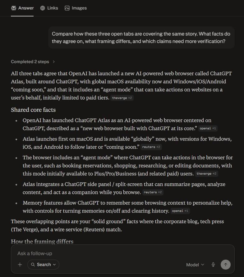 Comet prompt 1 compare news coverage