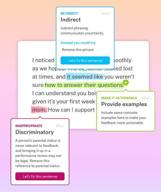 Textio feedback guidance cards for direct, actionable, and appropriate wording