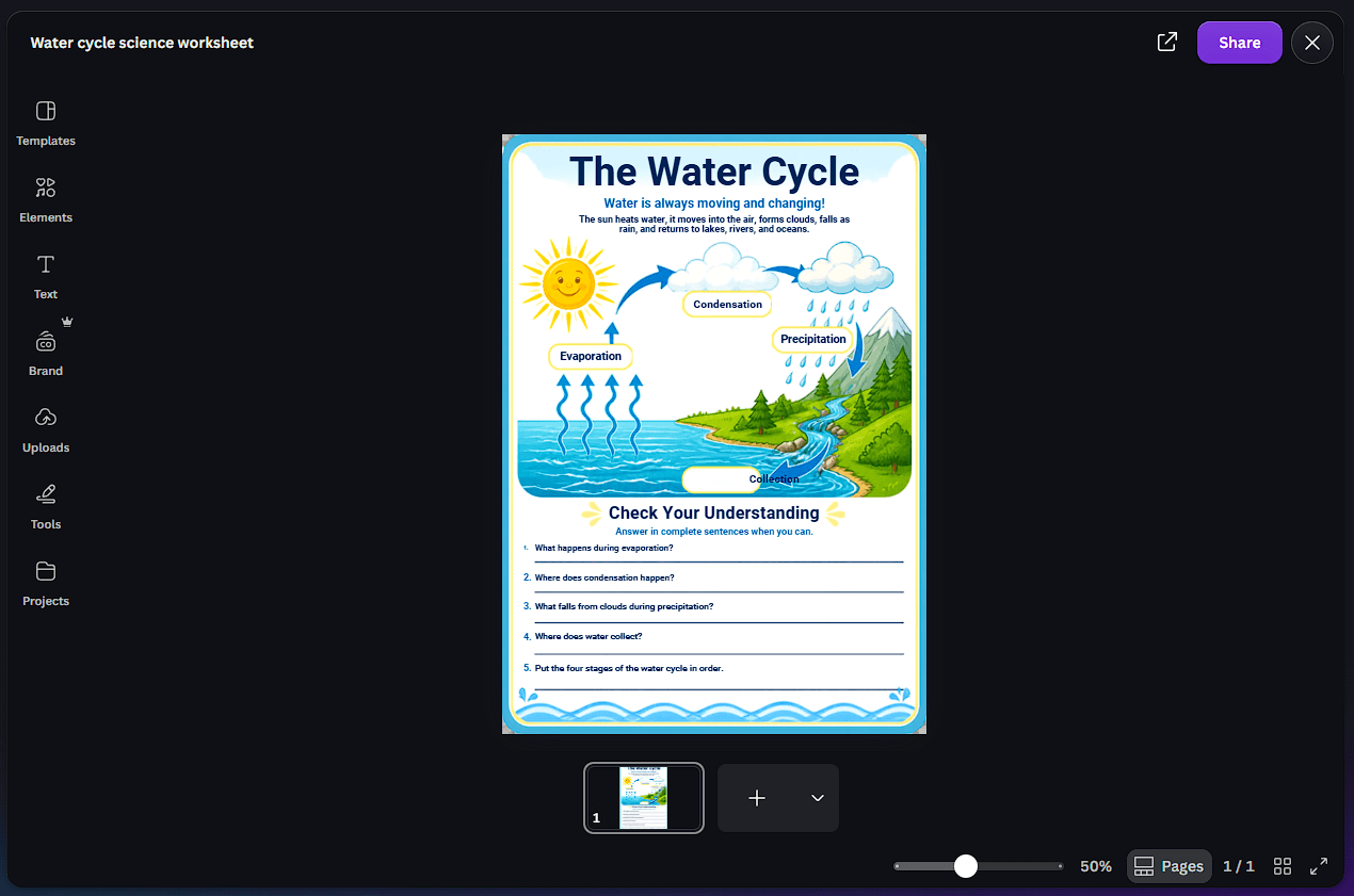 Canva editor showing an educational water cycle worksheet created as a finished visual design