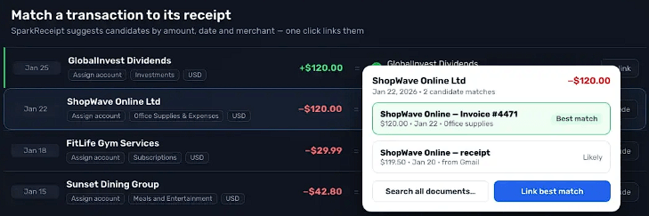 SparkReceipt matching a bank transaction with receipt candidates