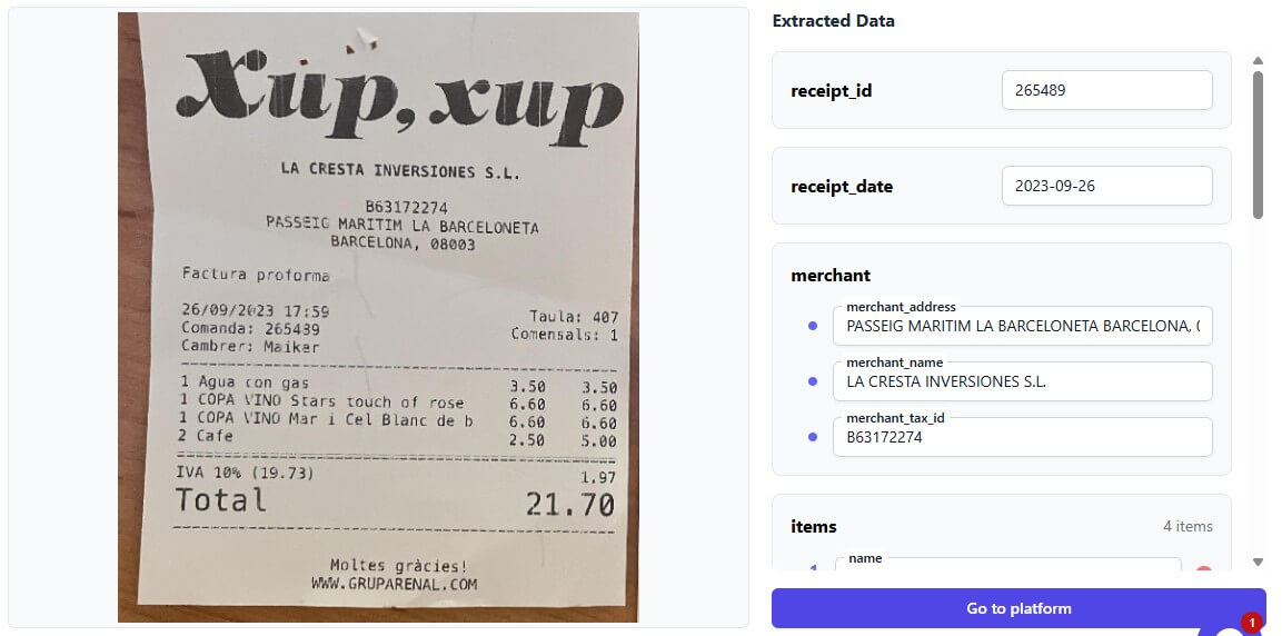 Extracta AI receipt data extraction