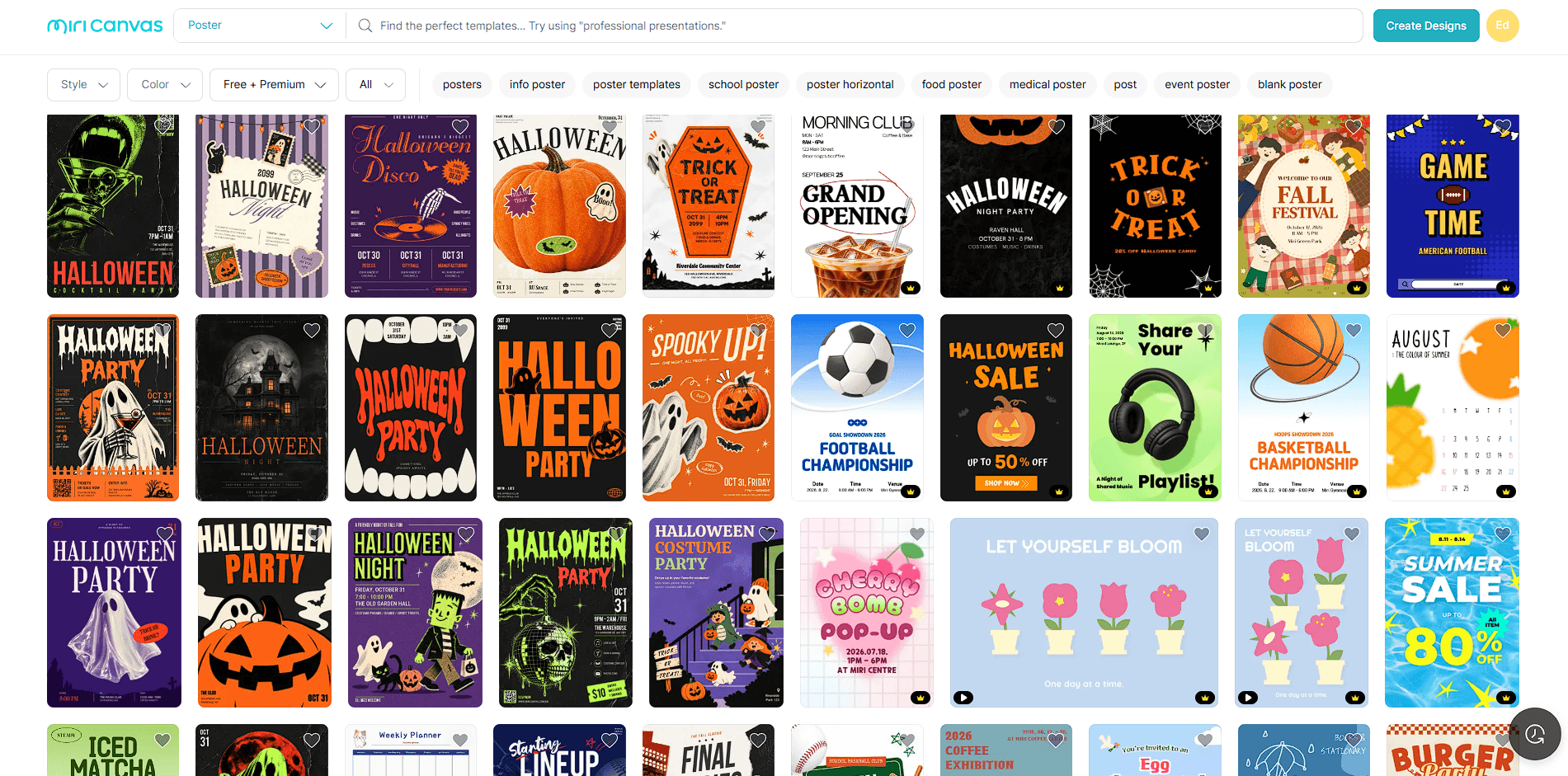 MiriCanvas poster template gallery with event, sports, sale, and seasonal poster designs