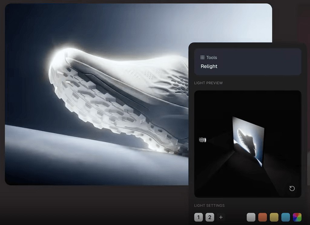 Magnific Relight tool applying virtual lighting to a shoe image