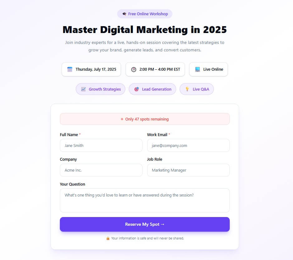 Embeddable.co event registration form sample output A