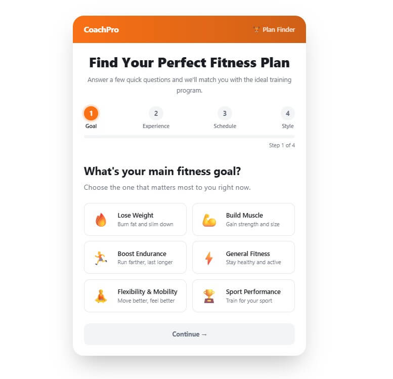 Embeddable.co fitness plan selector sample output A